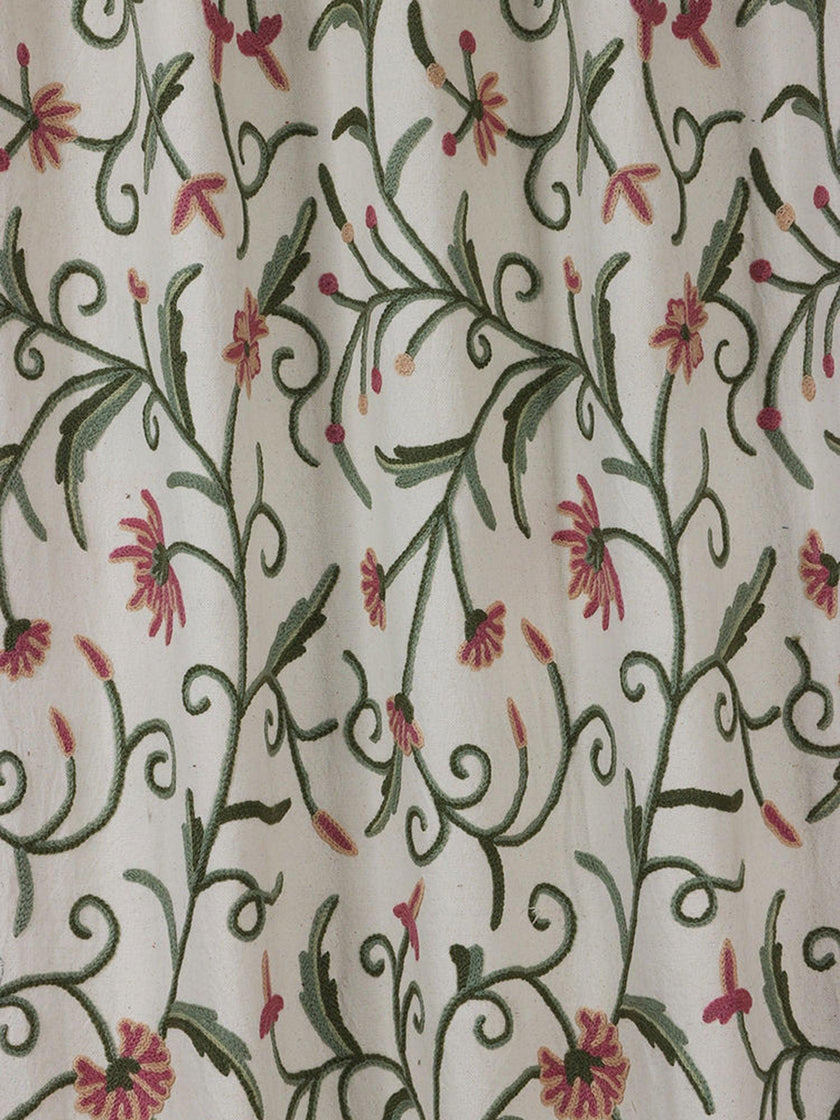 Kashmiri Crewel Embroidered Dusoot Cotton Curtain - White with Colorful Floral Design - Hamiast
