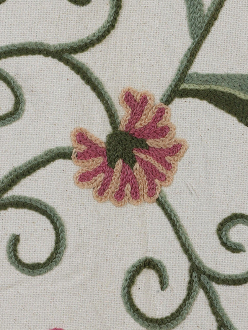 Kashmiri Crewel Embroidered Dusoot Cotton Curtain - White with Colorful Floral Design - Hamiast