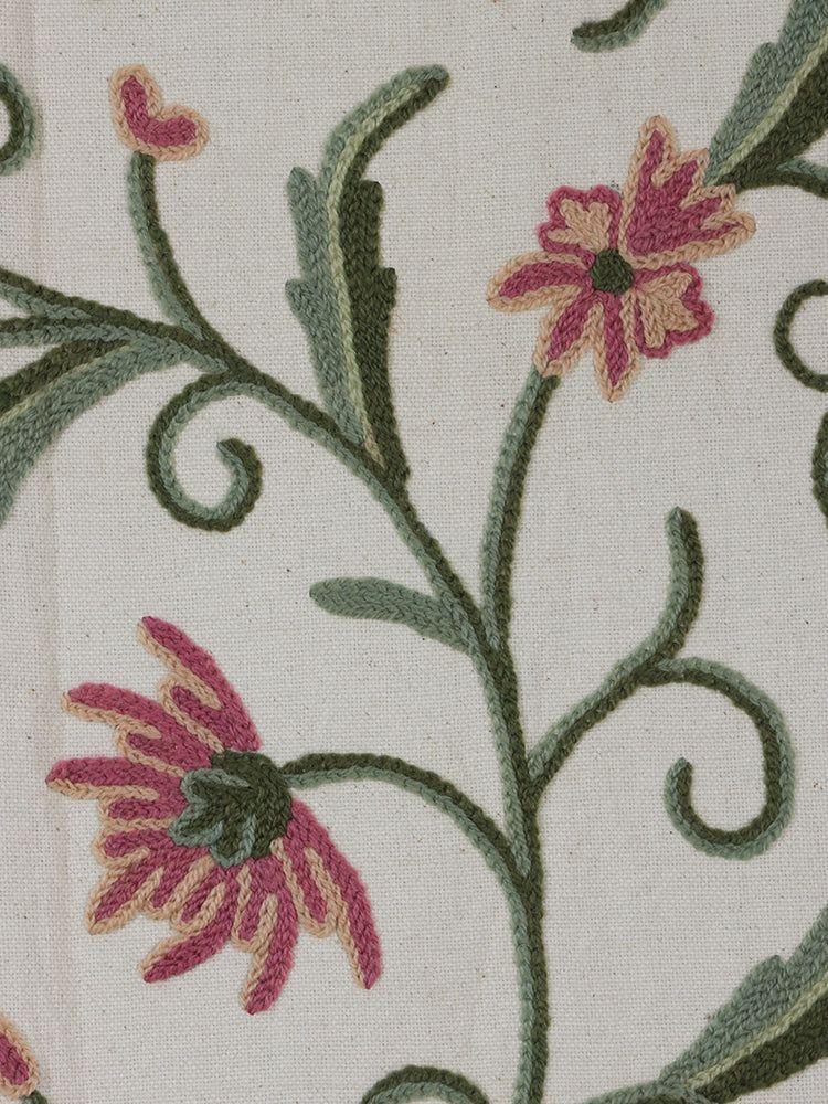 Kashmiri Crewel Embroidered Dusoot Cotton Curtain - White with Colorful Floral Design - Hamiast