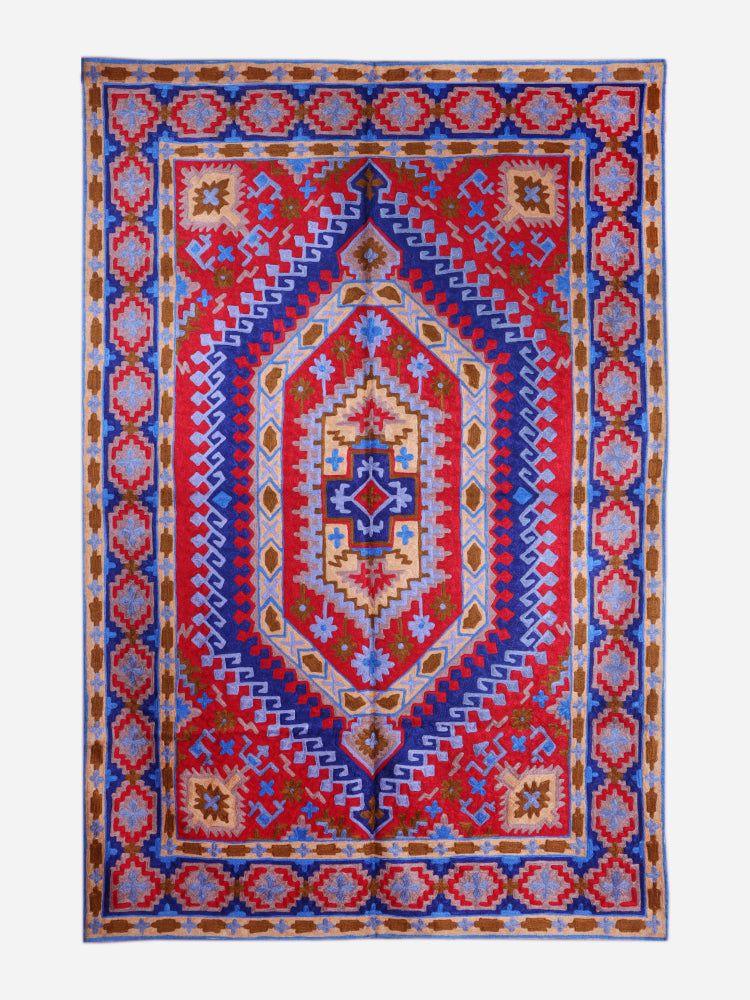 Kashmiri Geometric Majesty Silk Chain Stitch Handmade Rug - Hamiast
