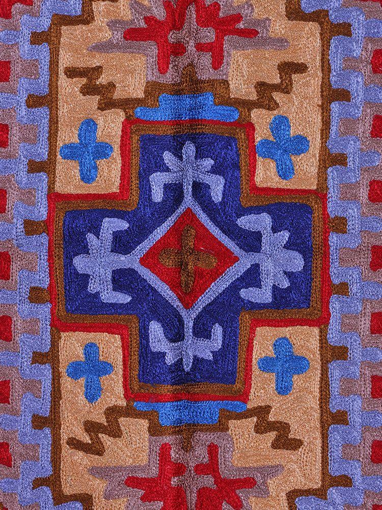 Kashmiri Geometric Majesty Silk Chain Stitch Handmade Rug - Hamiast