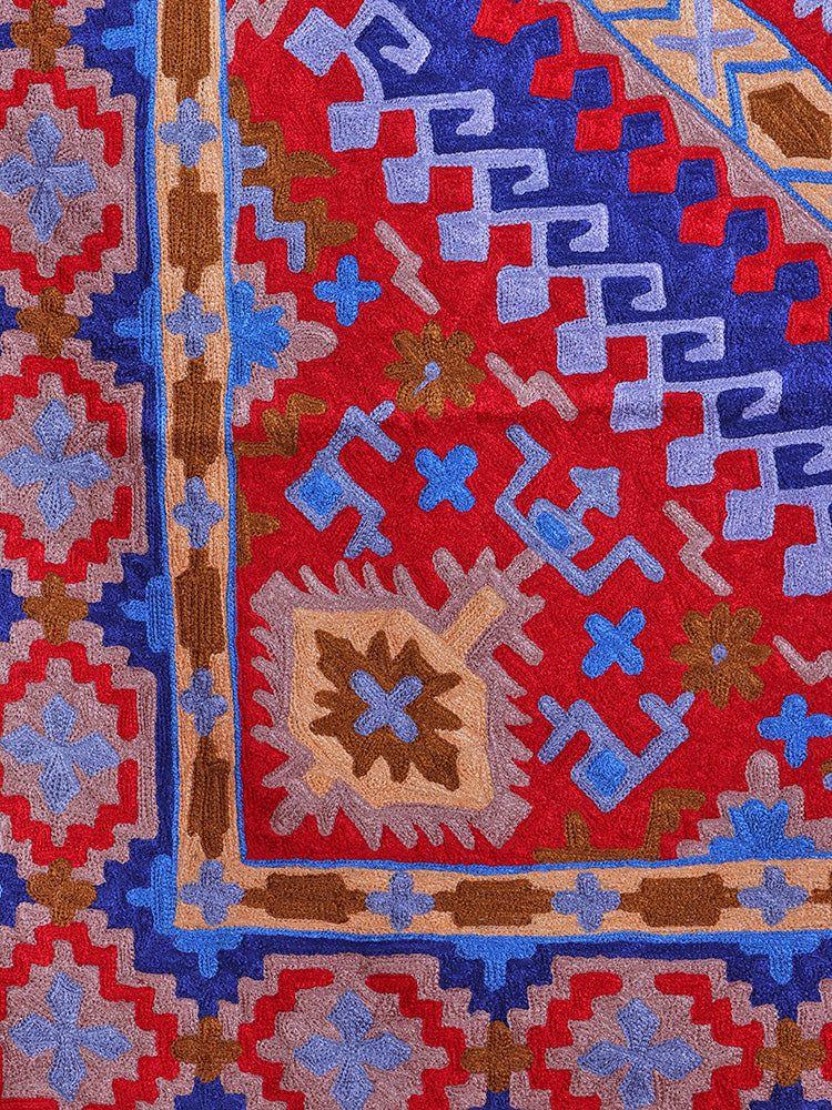 Kashmiri Geometric Majesty Silk Chain Stitch Handmade Rug - Hamiast