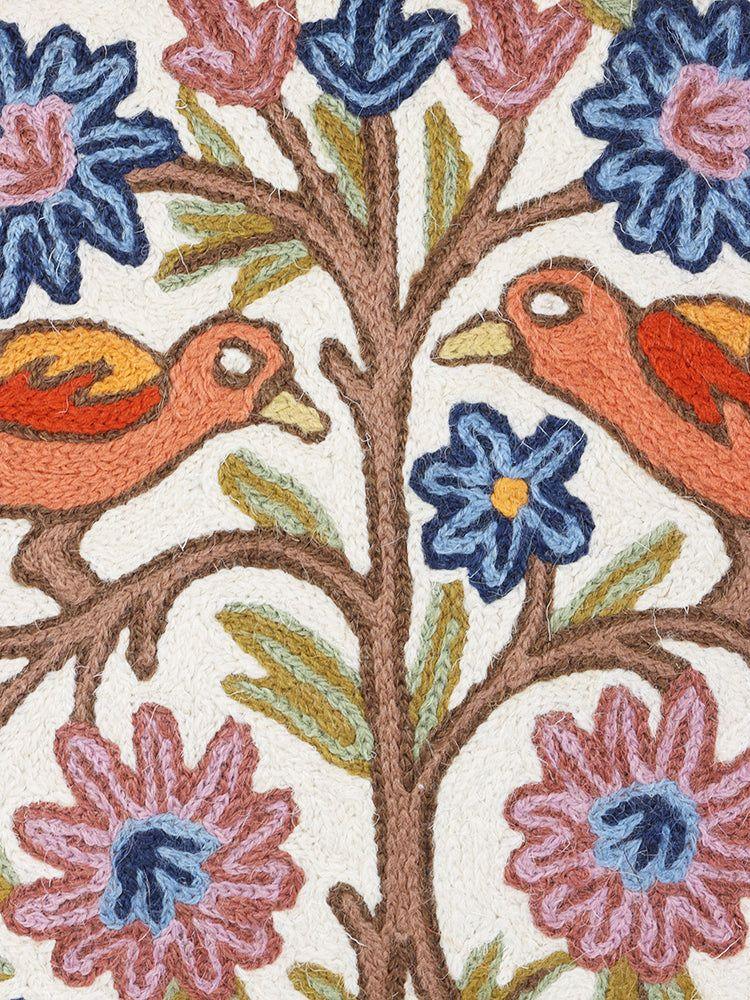 Kashmiri Handcrafted Chain Stitch Bird Embroidered Cushion Cover | Aviary Melody - Hamiast