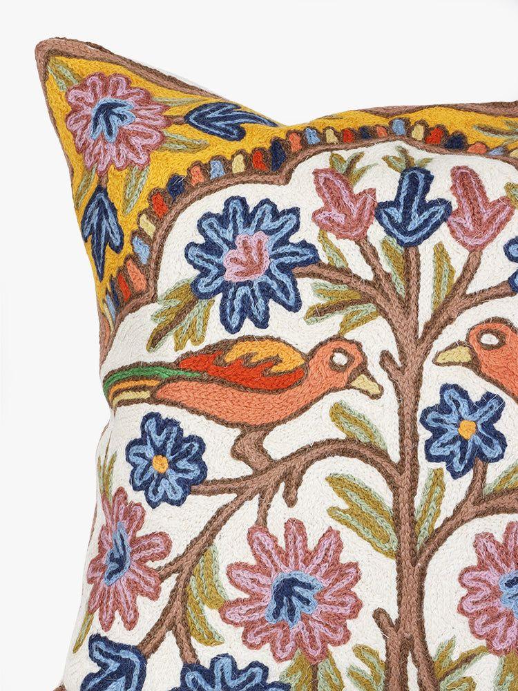 Kashmiri Handcrafted Chain Stitch Bird Embroidered Cushion Cover | Aviary Melody - Hamiast