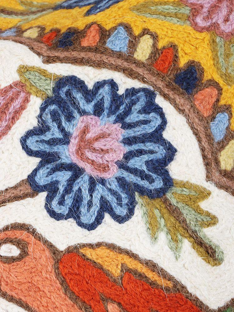 Kashmiri Handcrafted Chain Stitch Bird Embroidered Cushion Cover | Aviary Melody - Hamiast