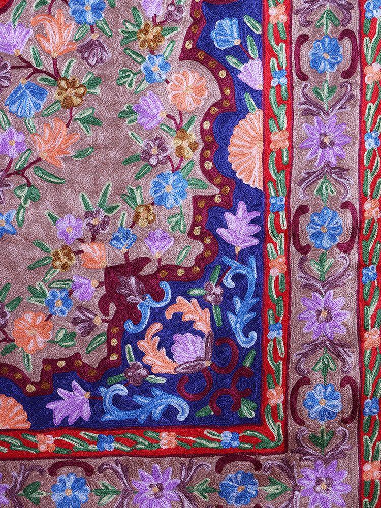 Kashmiri Regal Floris Handmade Silk Chain Stitch Rug - Hamiast