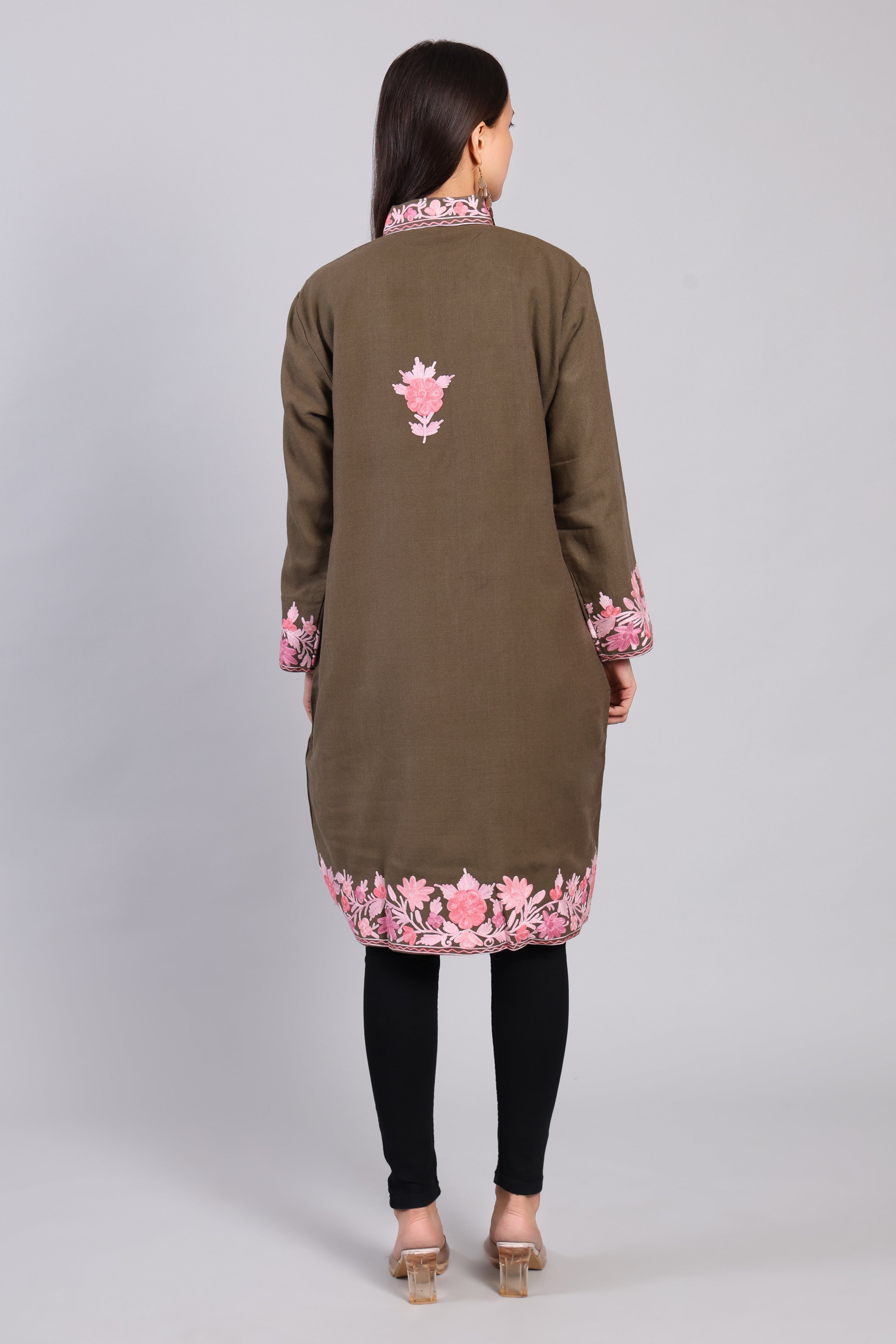 Khaak-e-Gulabi Jacket with Kashmiri Aari Embroidery-Front-back