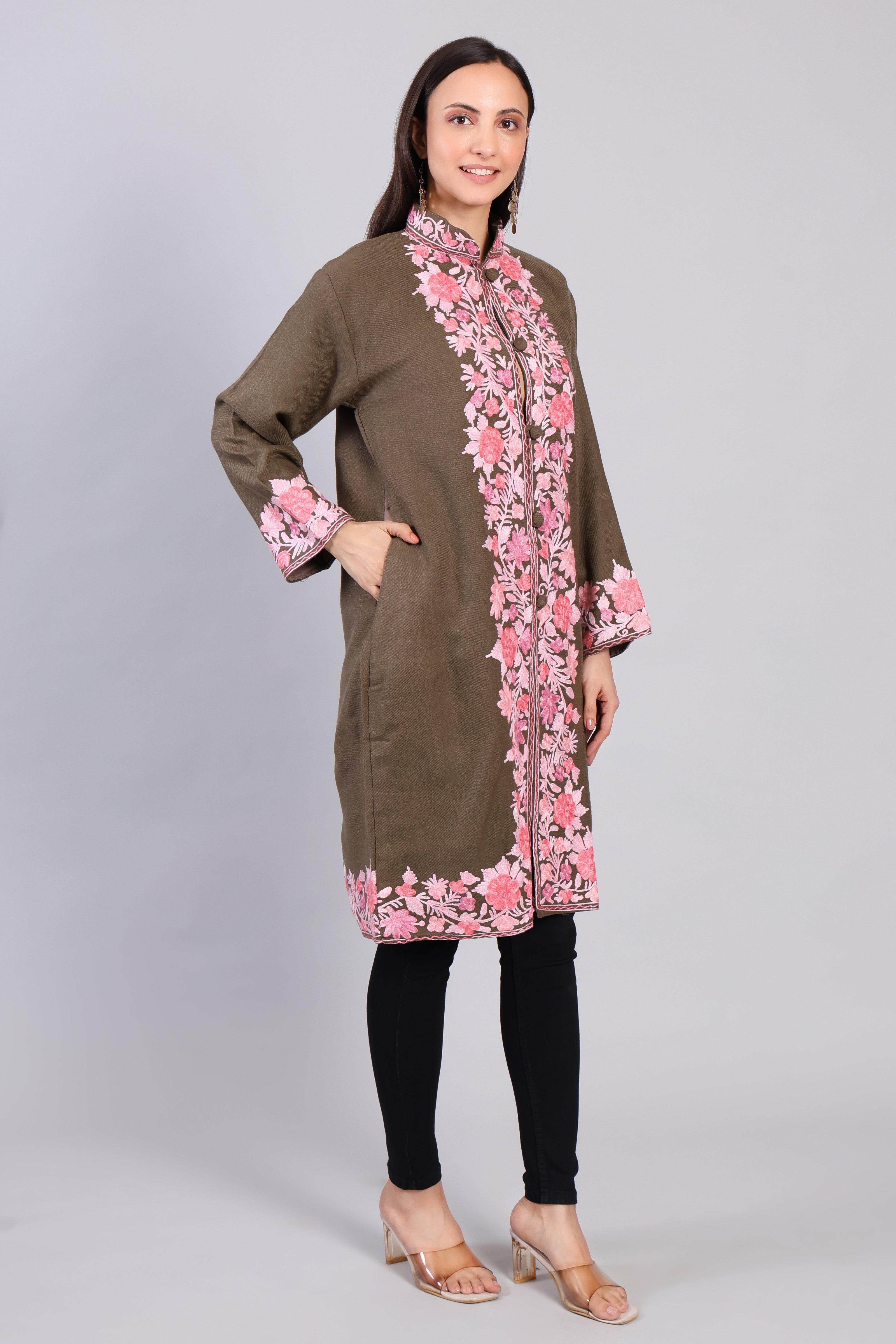 Khaak-e-Gulabi Jacket with Kashmiri Aari Embroidery-Front-right