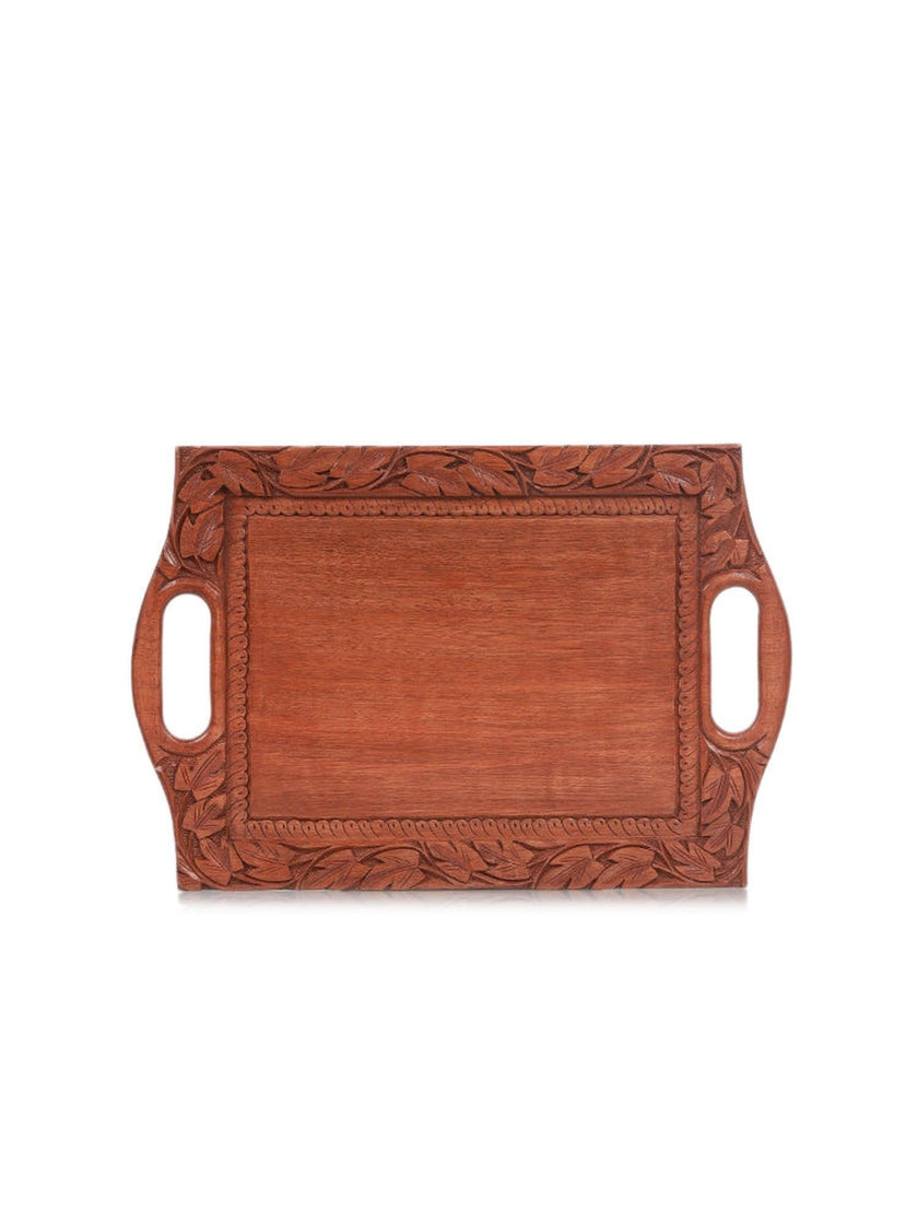 Luxurious Kashmiri Chinar Leaf Hand-carved Walnut Serving Tray - Hamiast