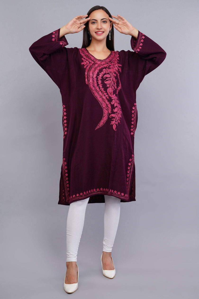 Magenta Red Kashmiri Pheran with Pink Paisley Aari Embroidery - Kashmiri Pheran