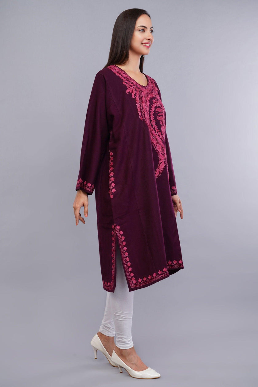 Magenta Red Kashmiri Pheran with Pink Paisley Aari Embroidery - Kashmiri Pheran