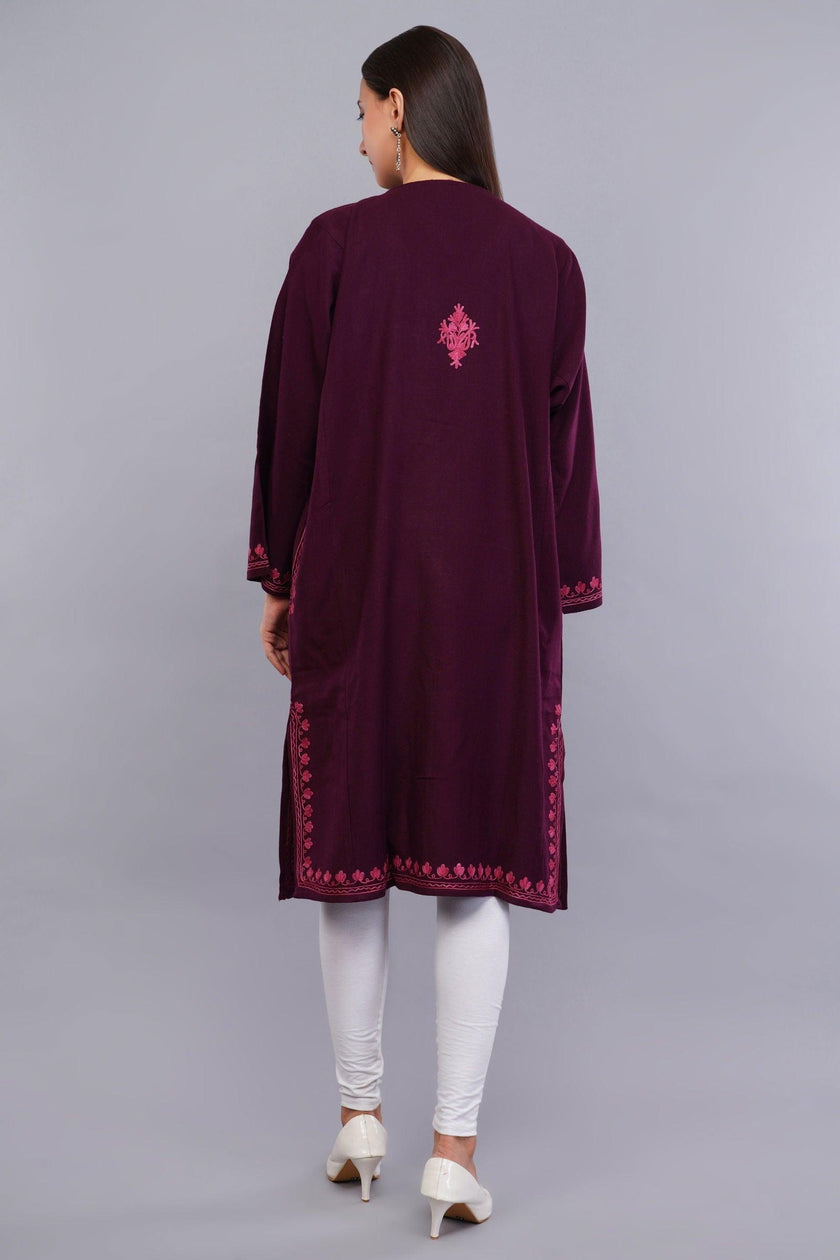 Magenta Red Kashmiri Pheran with Pink Paisley Aari Embroidery - Kashmiri Pheran