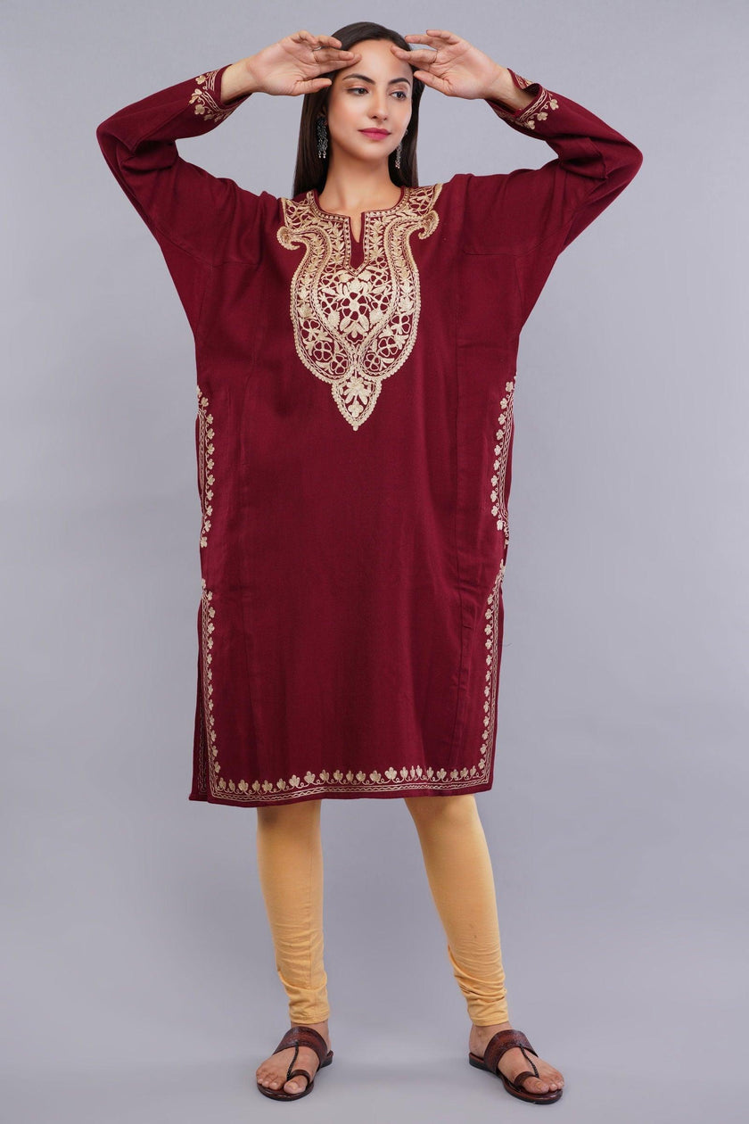 Maroon Oak Pheran with Golden Zari Embroidery - Kashmiri Pheran