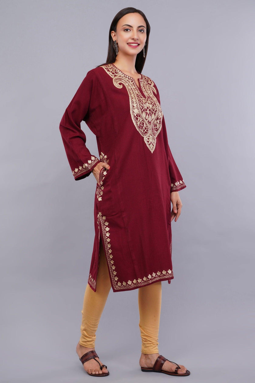 Maroon Oak Pheran with Golden Zari Embroidery - Kashmiri Pheran