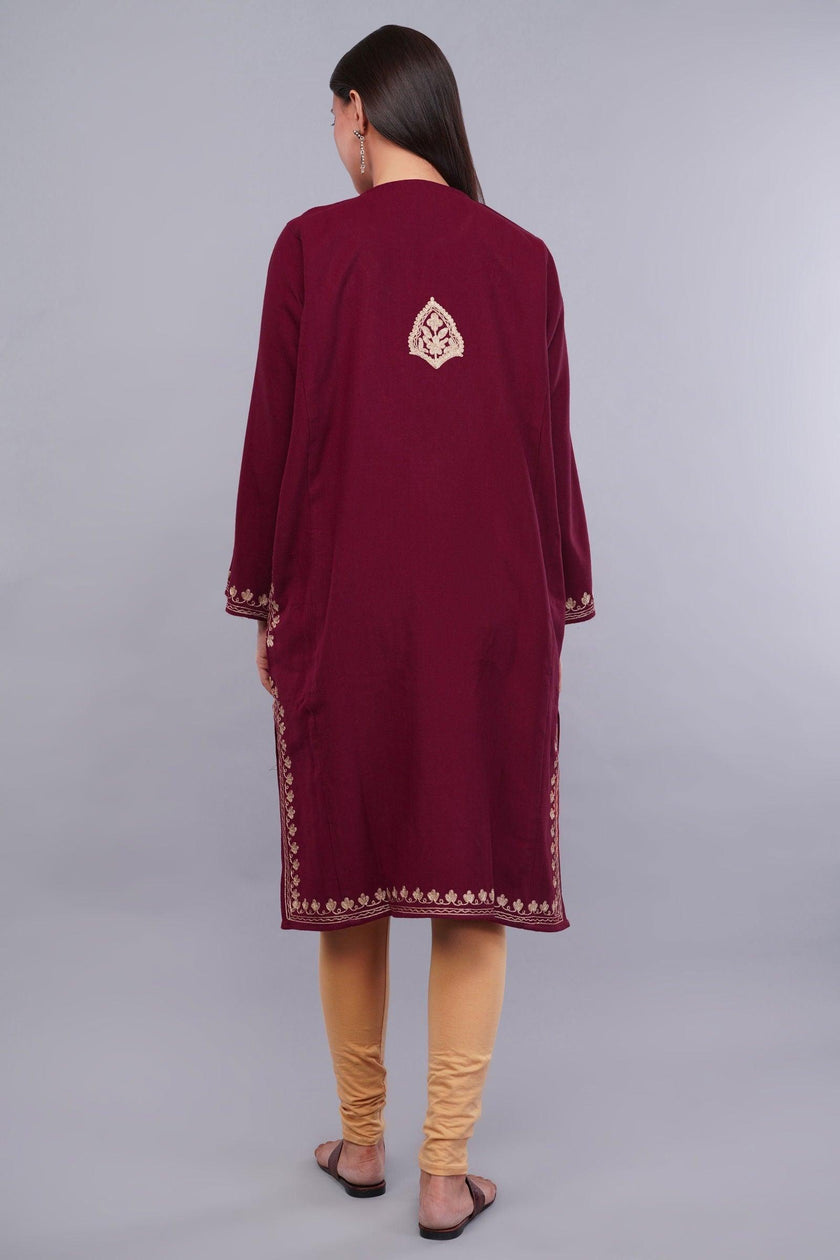 Maroon Oak Pheran with Golden Zari Embroidery - Kashmiri Pheran