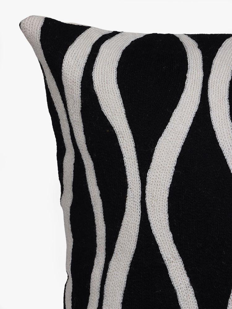 Modern Monochrome Waves Handcrafted Kashmiri Chain Stitch Cushion Cover - Hamiast