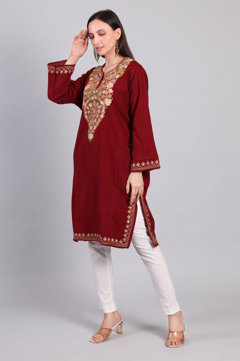 Naqsh-e-Gulnaar — Maroon Pheran with Golden Aari Kashmiri Embroidery-left