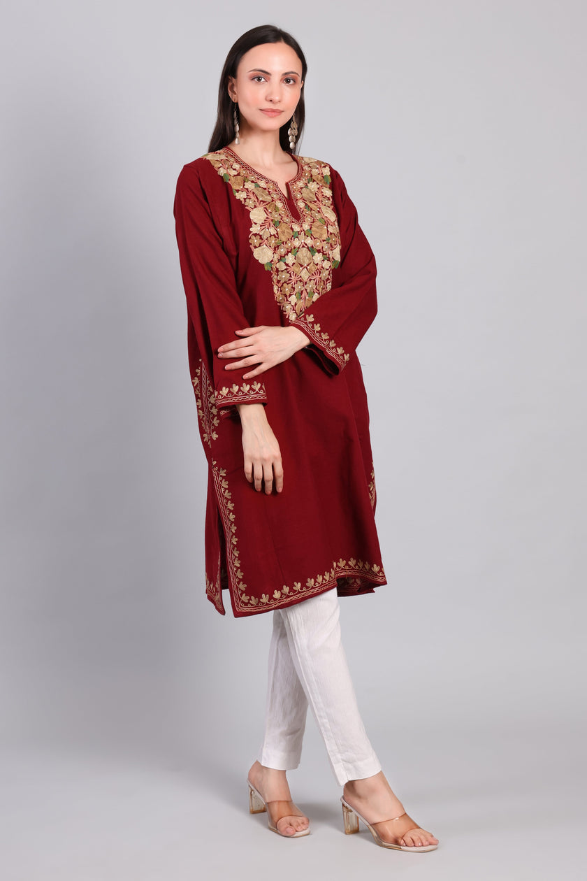 Naqsh-e-Gulnaar — Maroon Pheran with Golden Aari Kashmiri Embroidery-right