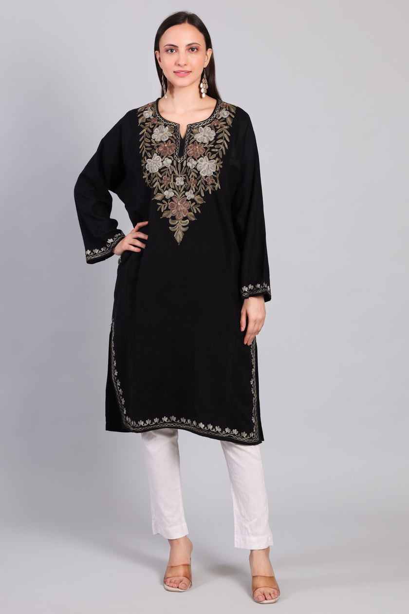 Naqsh-e-Siyah — Black Pheran with Beige and Ivory Aari Kashmiri Embroidery-Front