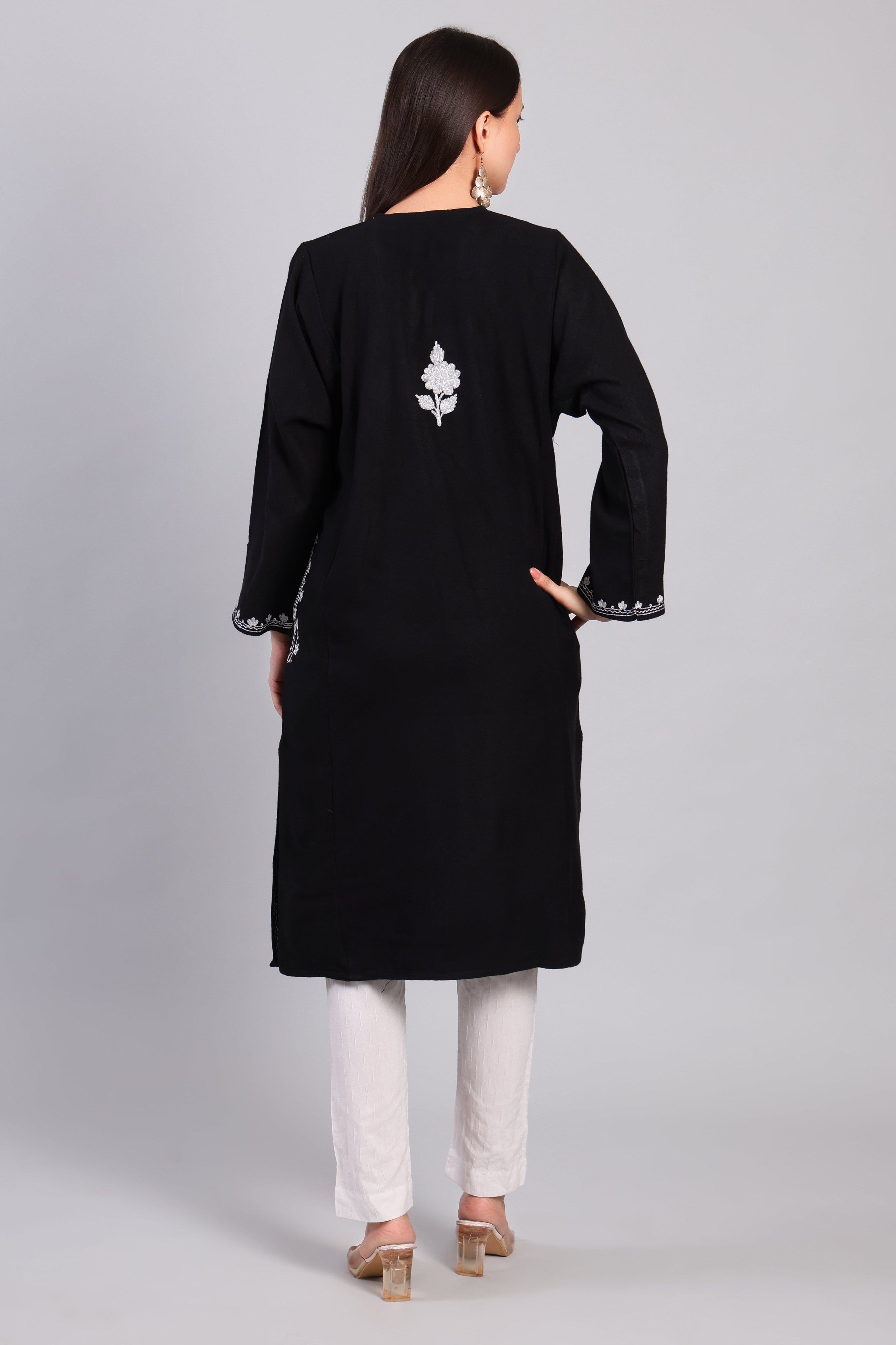 Naqsh-e-Siyah — Black Pheran with Silver Zari Kashmiri Embroidery-Back