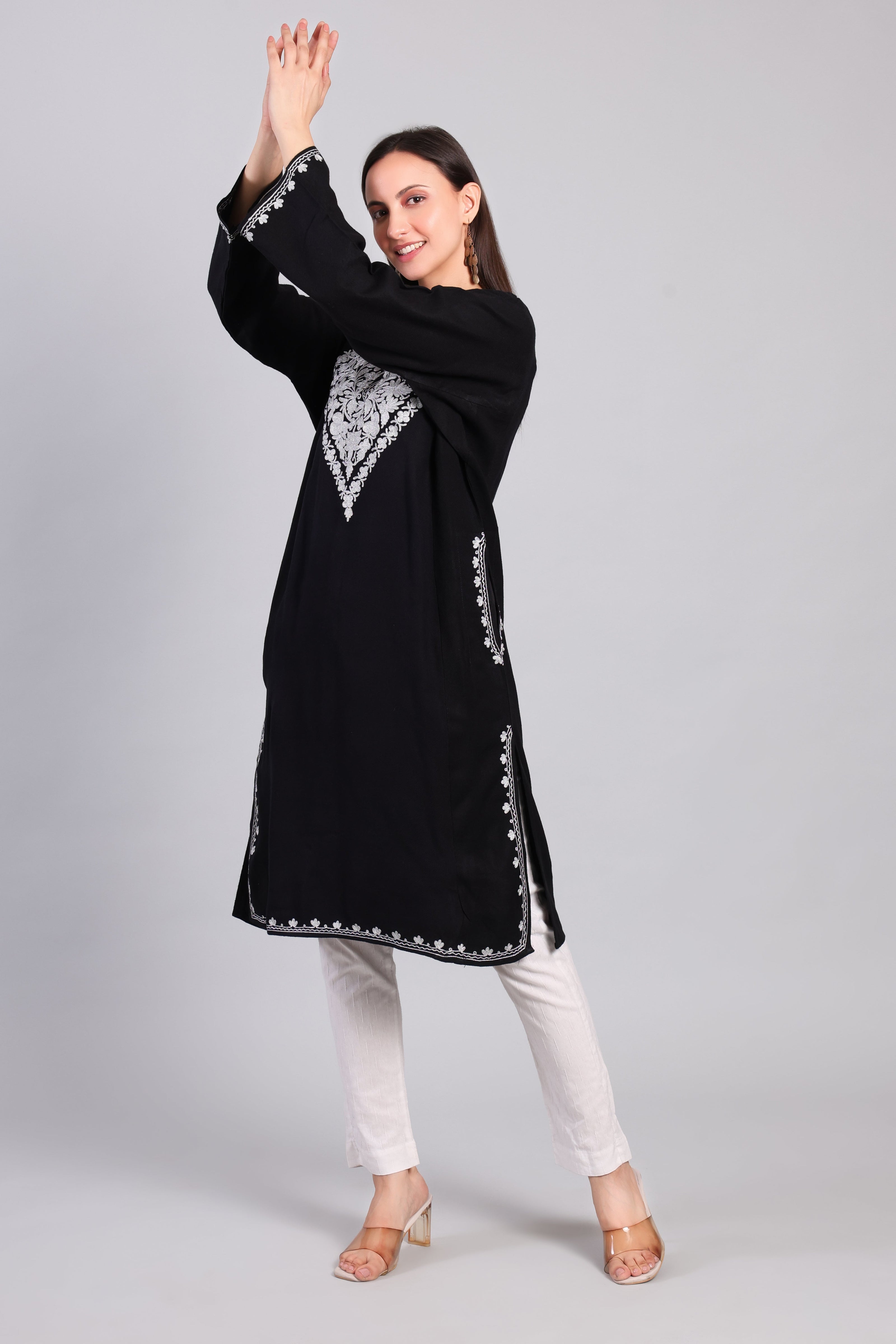 Naqsh-e-Siyah — Black Pheran with Silver Zari Kashmiri Embroidery-Right