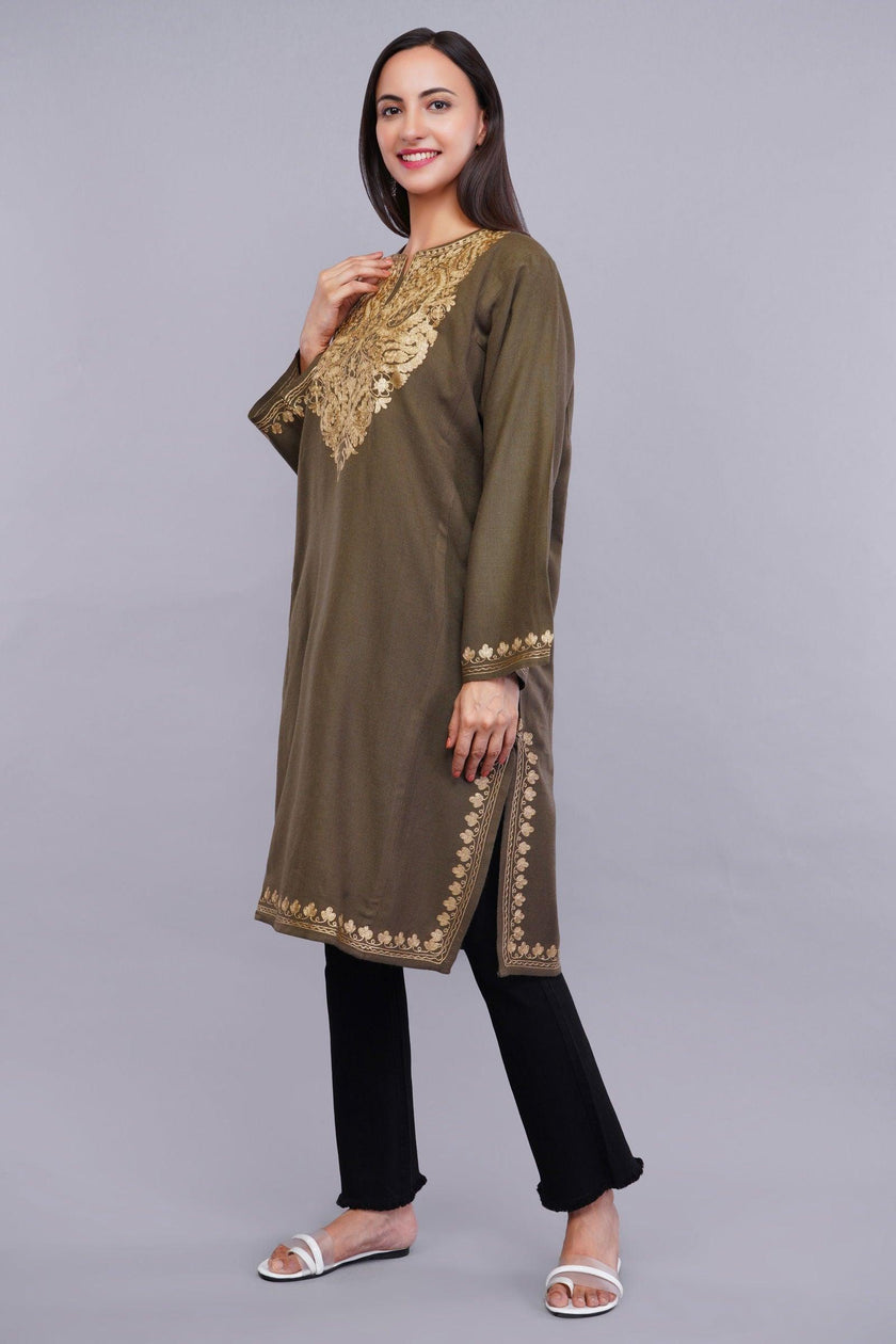 Otter Brown Pheran with Golden Kashmiri Zari Paisley Embroidery - Kashmiri Pheran