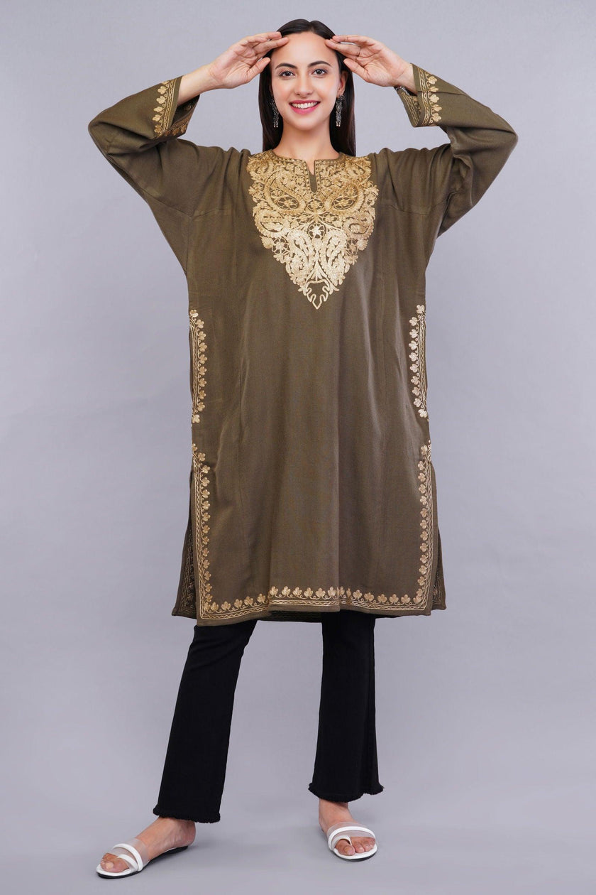 Otter Brown Pheran with Golden Kashmiri Zari Paisley Embroidery - Kashmiri Pheran