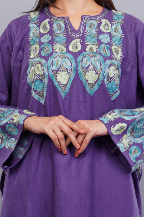 Purple Pheran with Pastel Blue Aari Paisleys & Floral Vines Embroidery - Kashmiri Pheran