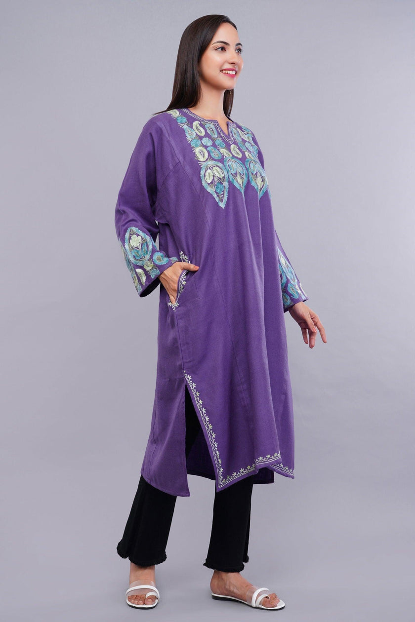 Purple Pheran with Pastel Blue Aari Paisleys & Floral Vines Embroidery - Kashmiri Pheran