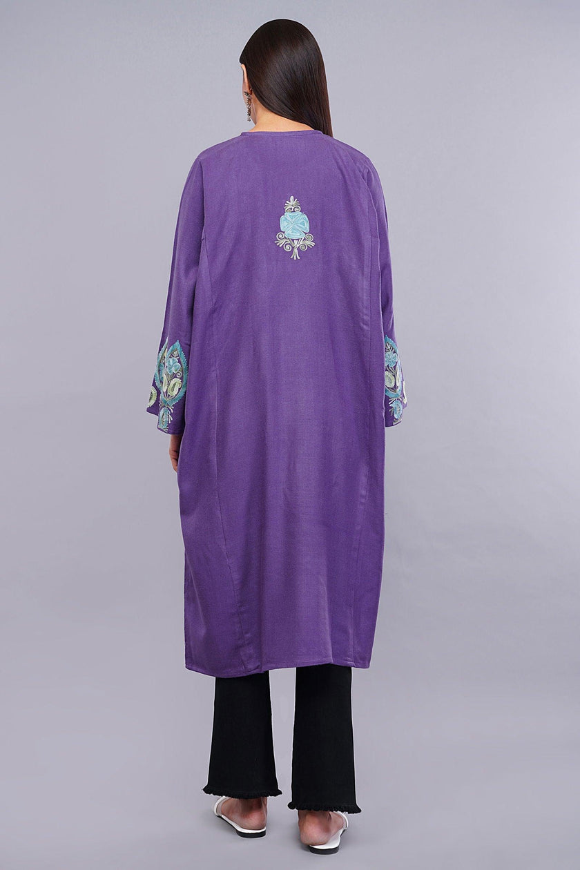 Purple Pheran with Pastel Blue Aari Paisleys & Floral Vines Embroidery - Kashmiri Pheran