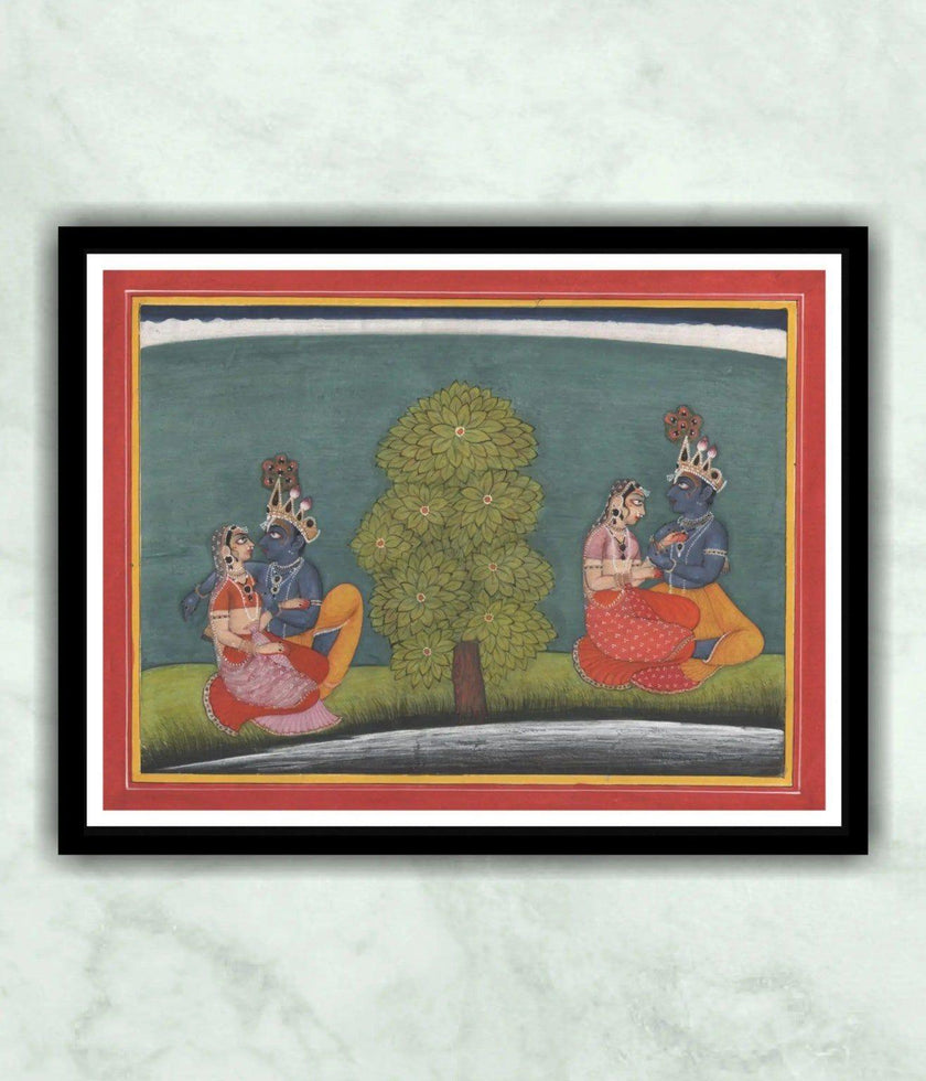 Radha Krishna Love Theme Basohli Style Painting – Hand Painted Miniature Art - Hamiast