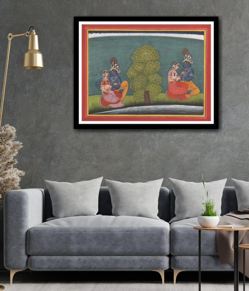 Radha Krishna Love Theme Basohli Style Painting – Hand Painted Miniature Art - Hamiast