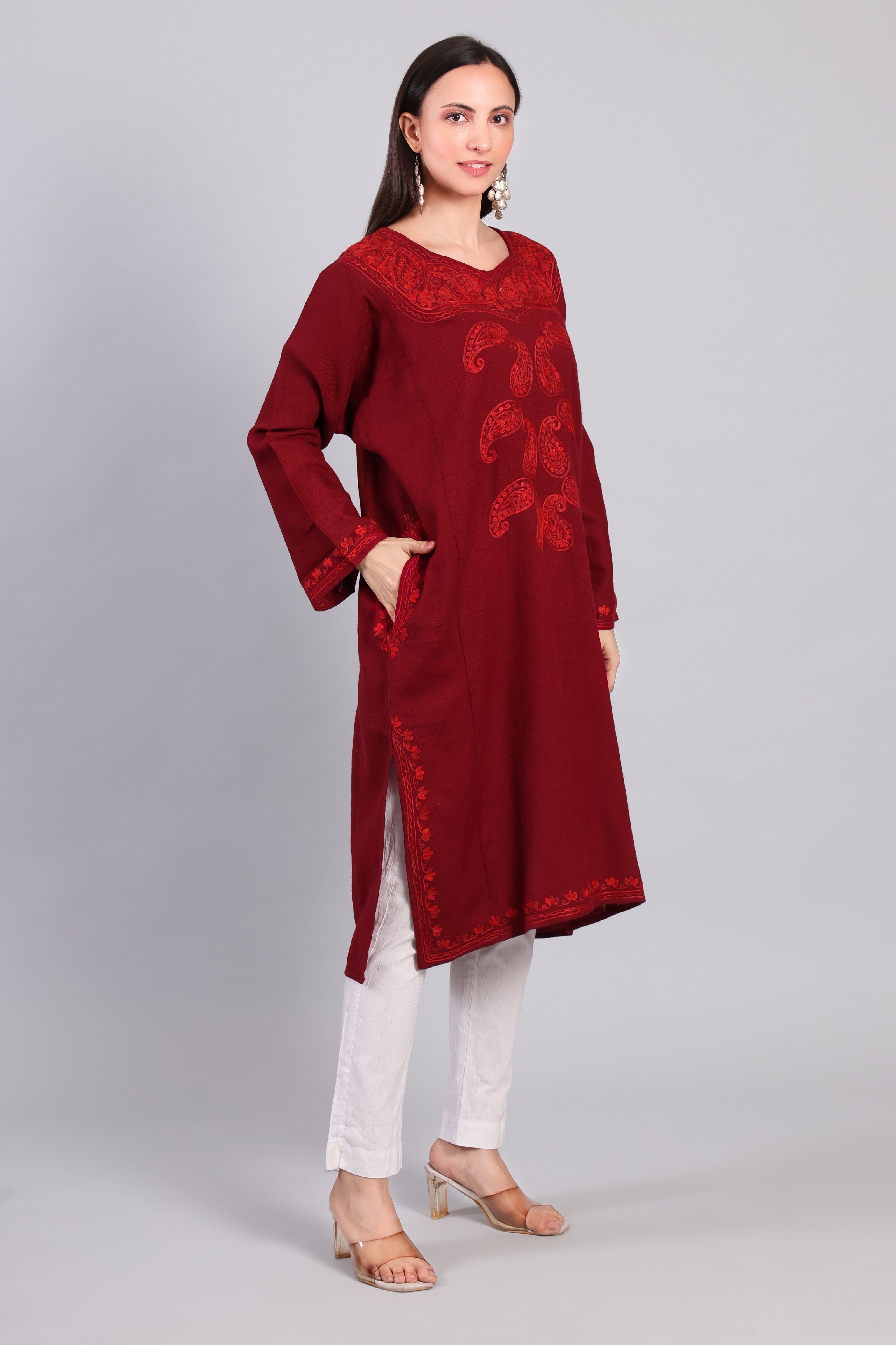 Rang-e-Surkh — Deep Maroon Pheran with Tone-on-Tone Aari Kashmiri Embroidery-left
