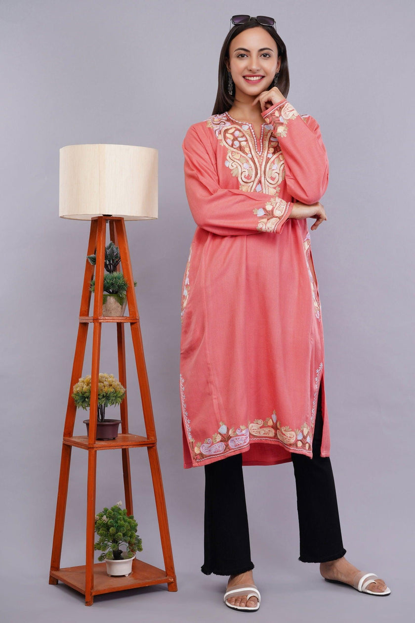 Rudy Pink Aari Embroidered Kashmiri Pheran - Kashmiri Pheran