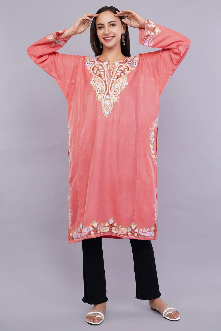 Rudy Pink Aari Embroidered Kashmiri Pheran - Kashmiri Pheran