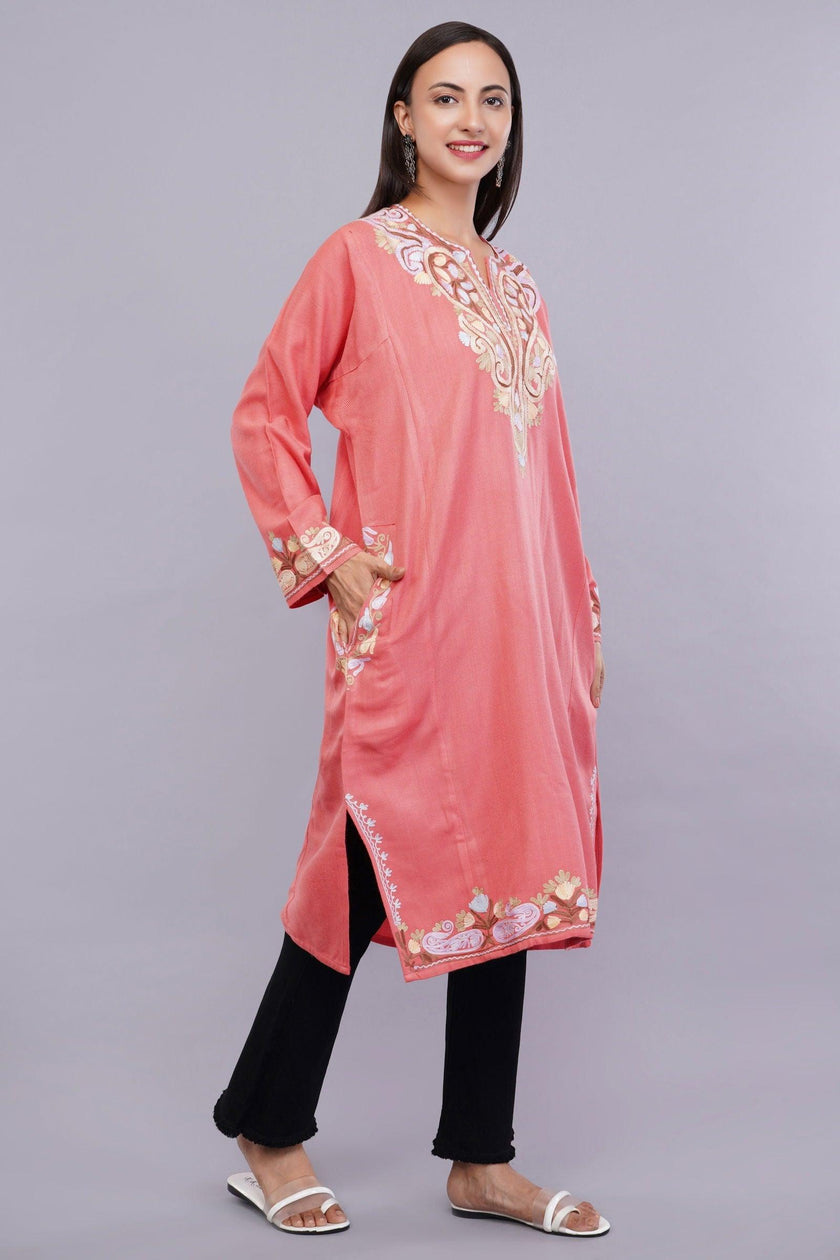 Rudy Pink Aari Embroidered Kashmiri Pheran - Kashmiri Pheran