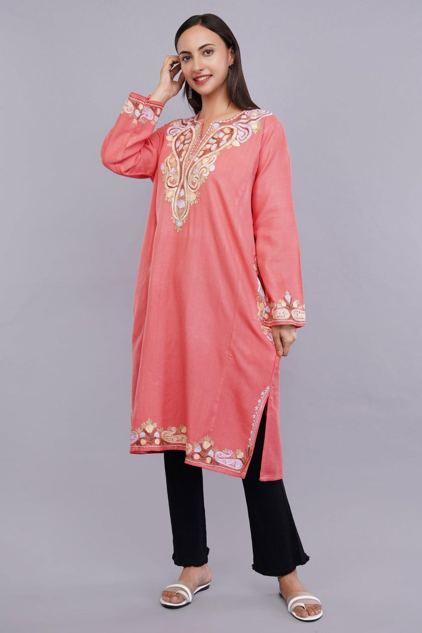 Rudy Pink Aari Embroidered Kashmiri Pheran - Kashmiri Pheran