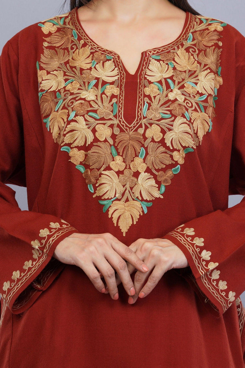 Rust Aari Embroidered Kashmiri Pheran with Light Brown and Summer Green Floral Motifs - Kashmiri Pheran