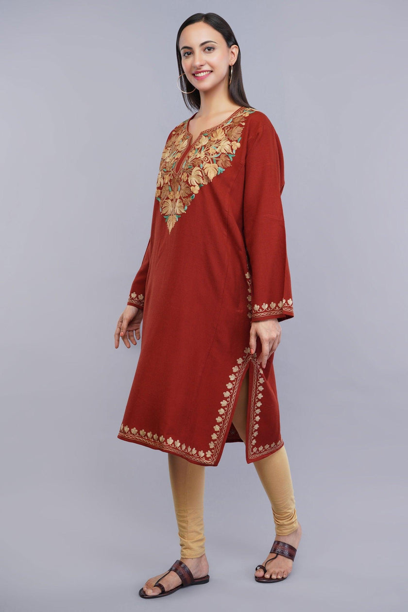 Rust Aari Embroidered Kashmiri Pheran with Light Brown and Summer Green Floral Motifs - Kashmiri Pheran