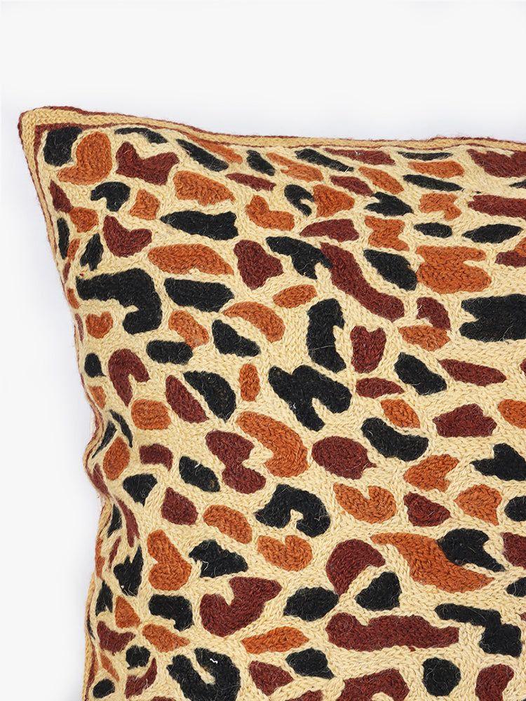Safari Elegance Handmade Chain Stitch Embroidered Leopard Print Cushion Cover - Hamiast