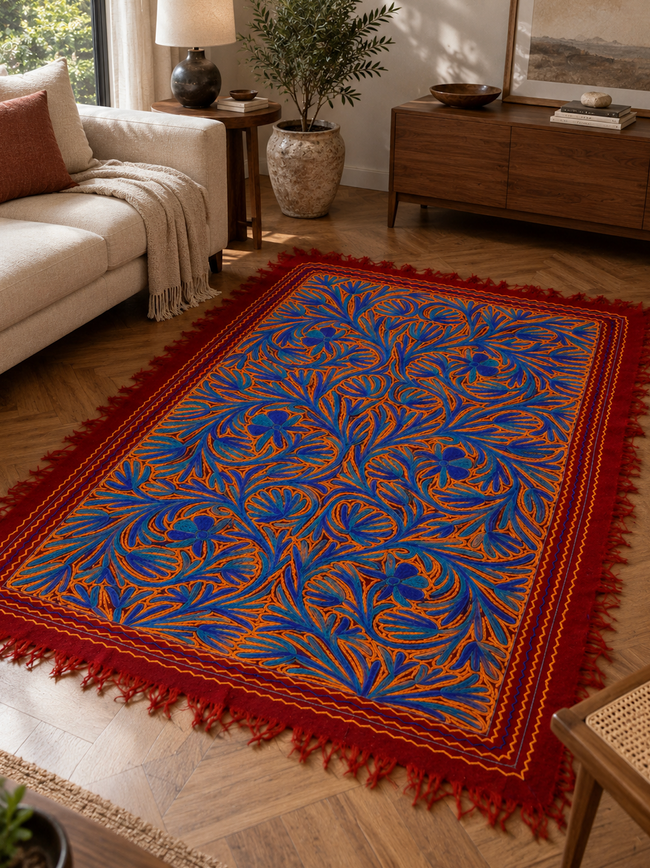 Handcrafted Surkh-o-Gul Kashmiri Namda rug showing botanical flower and leaf motifs with geometric borders