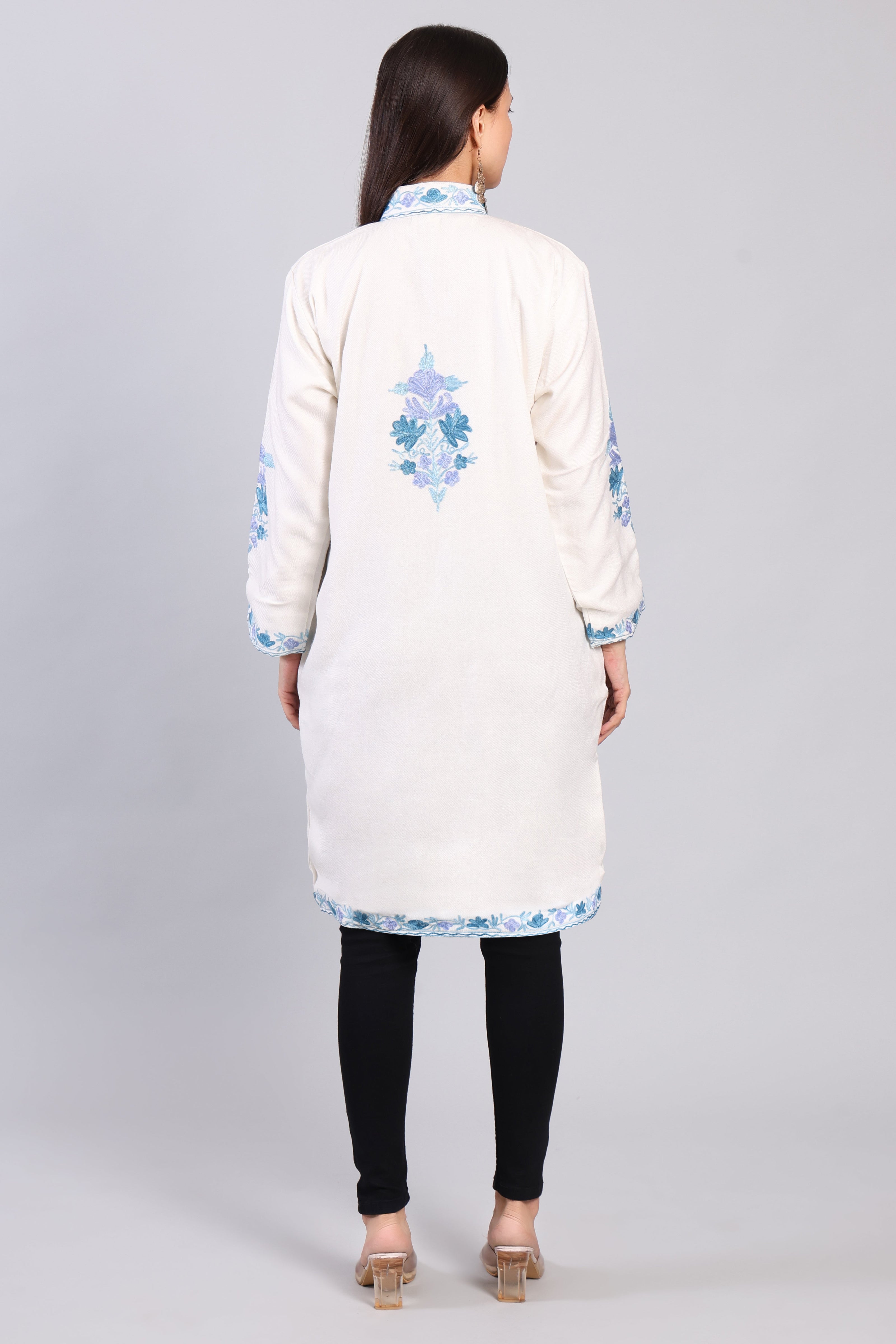 Shabnam-e-Firoza Ivory Kashmiri Wool Jacket with Aari Embroidery-Back