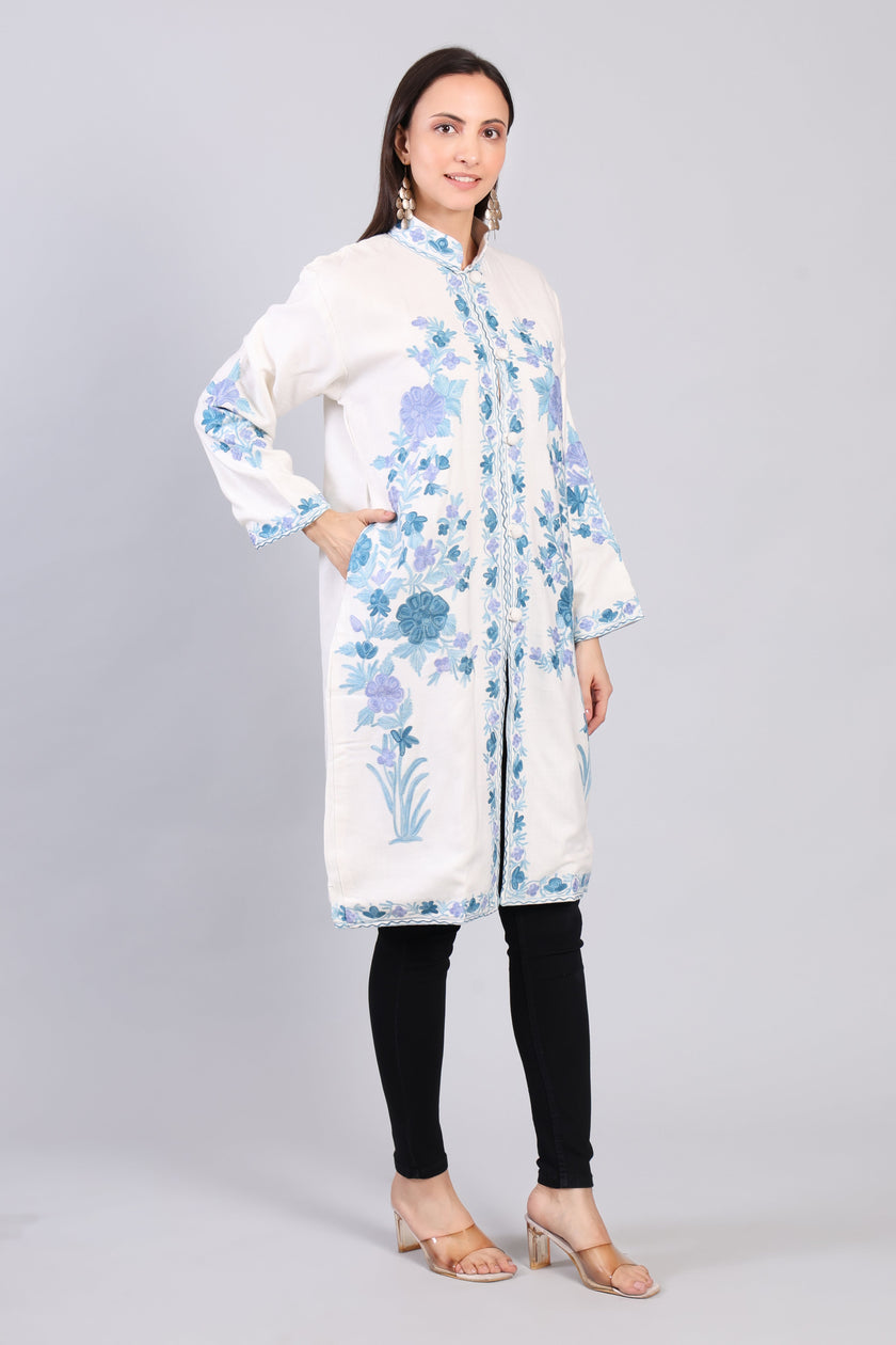 Shabnam-e-Firoza Ivory Kashmiri Wool Jacket with Aari Embroidery-Right Side