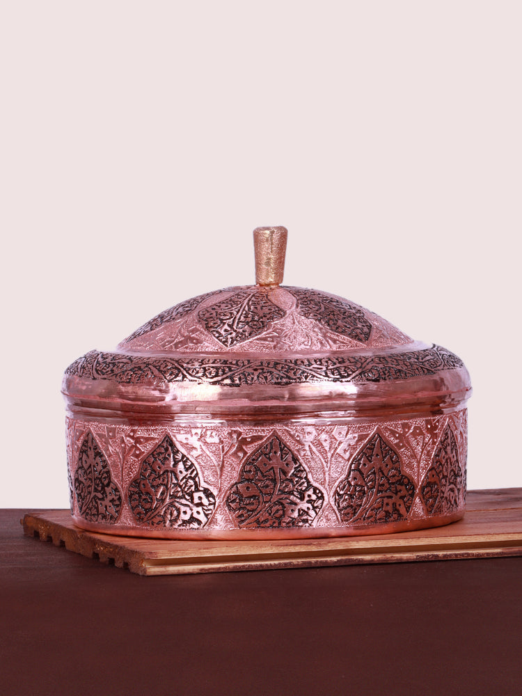 Handcrafted Chinar Designed Copper Spice Container