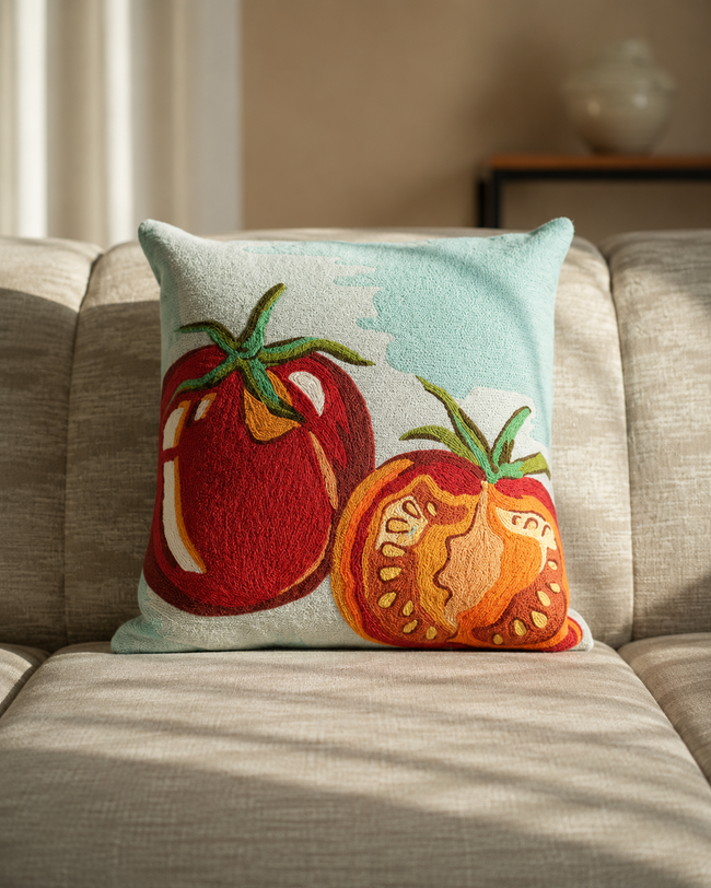 Tomato Cushion Cover | Handcrafted Chain Stitch Embroidered Cushion Cover