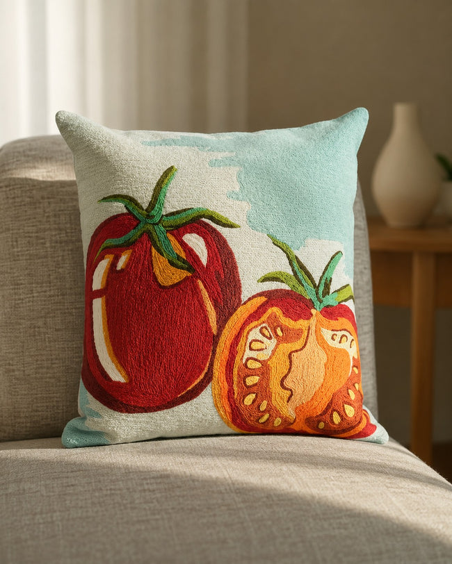 Tomato Cushion Cover | Handcrafted Chain Stitch Embroidered Cushion Cover