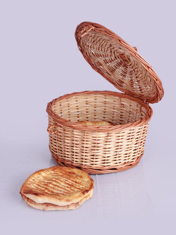 Traditional Kashmiri Wicker Roti Basket with Lid - Handcrafted Bread Storage - Hamiast