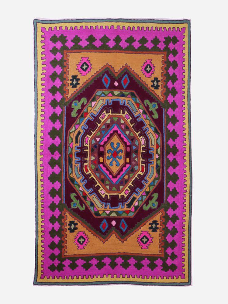 Vibrant Geometric Wool Kashmiri  Chain Stitch Rug Handmade - Hamiast