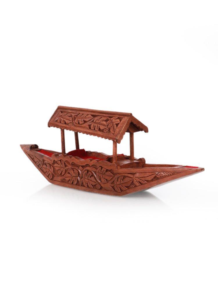 Walnut Wood Shikara with Chinar Leaf Design - Handcrafted Kashmiri Boat Decor - Hamiast