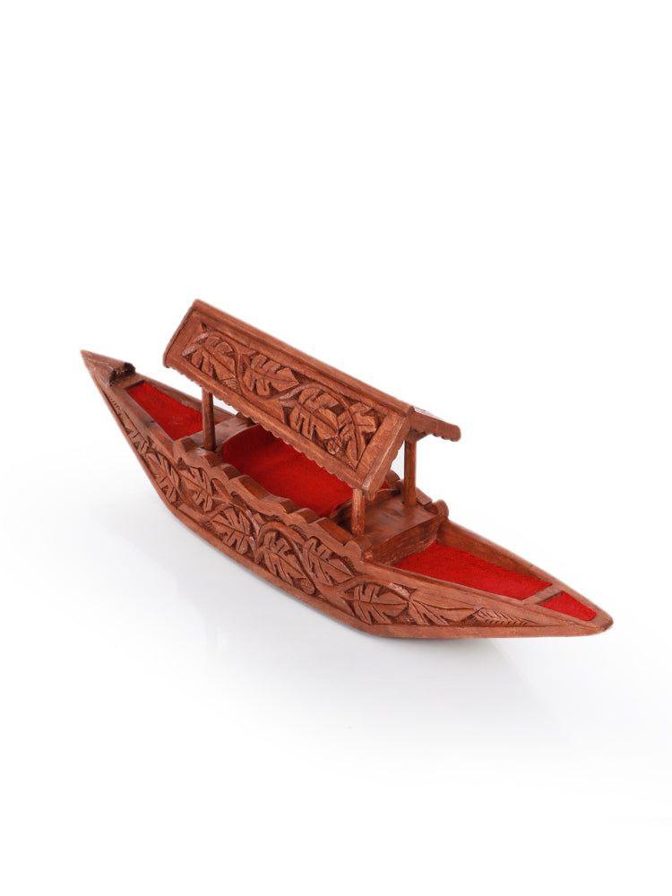 Walnut Wood Shikara with Chinar Leaf Design - Handcrafted Kashmiri Boat Decor - Hamiast
